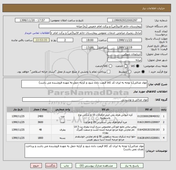 استعلام مواد غذائی(با توجه به ایران کد کالا قیمت داده شود و کرایه حمل به عهده فروشنده می باشد)