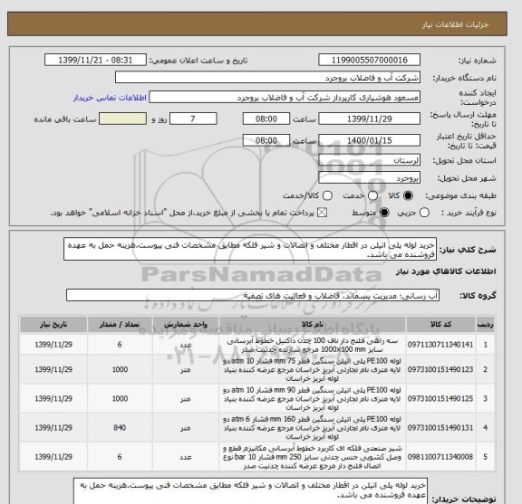 استعلام خرید لوله پلی اتیلن در اقطار مختلف و اتصالات و شیر فلکه مطابق مشخصات فنی پیوست.هزینه حمل به عهده فروشنده می باشد. 