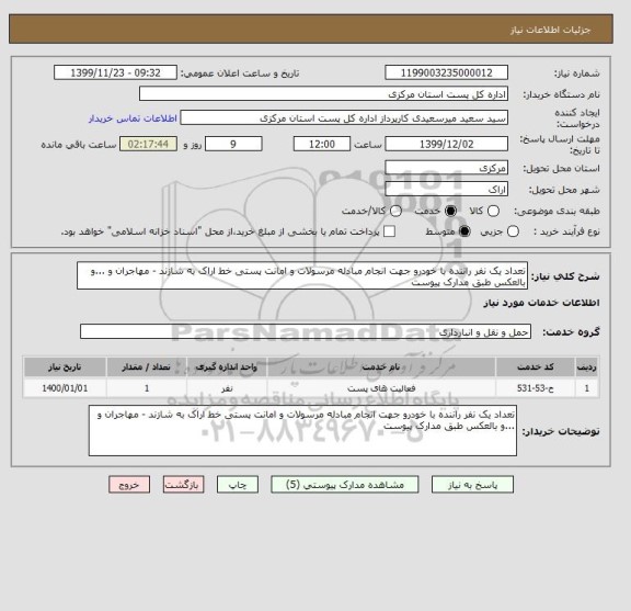 استعلام تعداد یک نفر راننده با خودرو جهت انجام مبادله مرسولات و امانت پستی خط اراک به شازند - مهاجران و ...و بالعکس طبق مدارک پیوست 