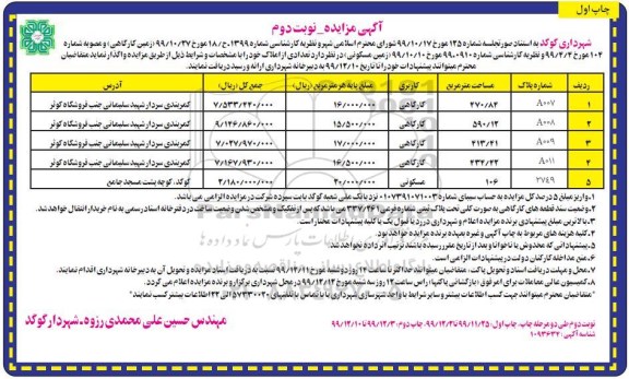 آگهی مزایده ،مزایده واگذاری املاک با کاربری کارگاهی و مسکونی- نوبت دوم چاپ اول