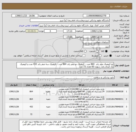 استعلام نخ کرومیک صفر راند  864 عدد - کرومیک دو صفر راند 864 عدد - کرومیک سه صفر راند 432 عدد و کرومیک یک کبدی راند  سوزن 63 تعداد 72 عدد 