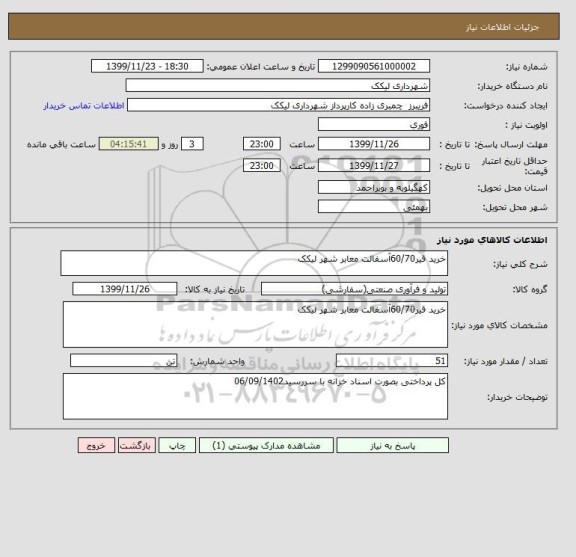 استعلام خرید قیر60/70آسفالت معابر شهر لیکک