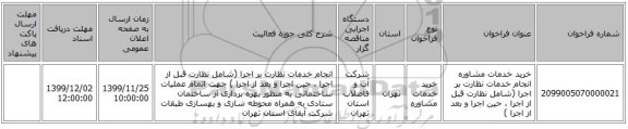 خرید خدمات مشاوره انجام خدمات نظارت بر اجرا (شامل نظارت قبل از اجرا ، حین اجرا و بعد از اجرا ) 