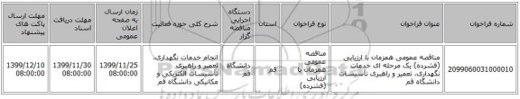 مناقصه عمومی همزمان با ارزیابی (فشرده) یک مرحله ای خدمات نگهداری، تعمیر و راهبری تأسیسات دانشگاه قم 