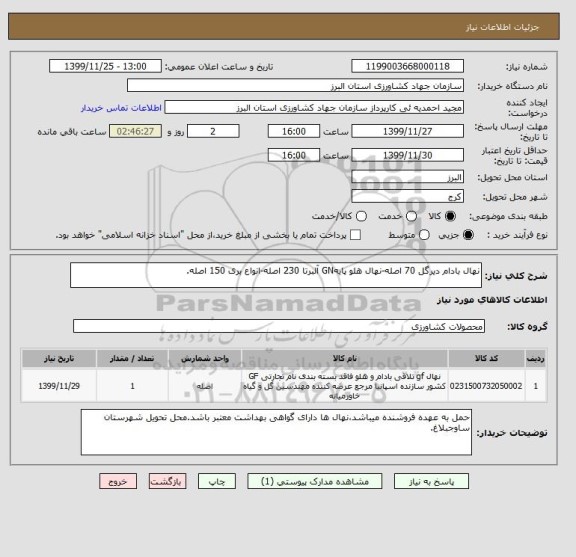 استعلام نهال بادام دیرگل 70 اصله-نهال هلو پایهGN آلبرتا 230 اصله-انواع بری 150 اصله.