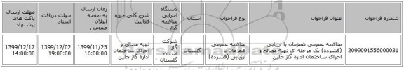 مناقصه عمومی همزمان با ارزیابی (فشرده) یک مرحله ای تهیه مصالح و اجرای ساختمان اداره گاز جلین