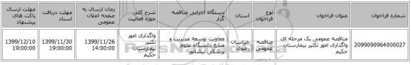 مناقصه عمومی یک مرحله ای واگذاری امور تکثیر بیمارستان حکیم 