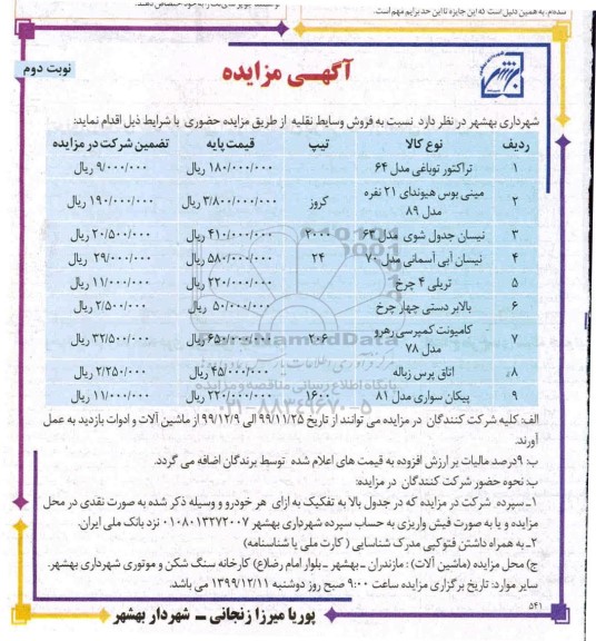 مزایده, مزایده فروش وسایط نقلیه 