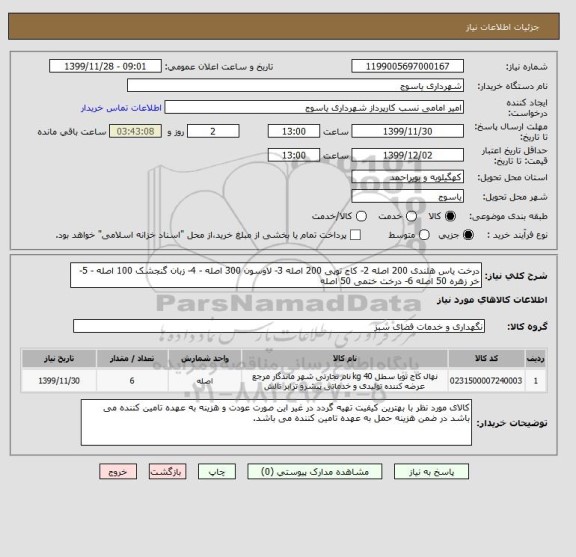 استعلام درخت یاس هلندی 200 اصله 2- کاج توپی 200 اصله 3- لاوسون 300 اصله - 4- زبان گنجشک 100 اصله - 5- خر زهره 50 اصله 6- درخت ختمی 50 اصله