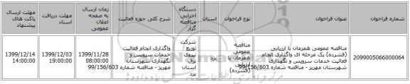 مناقصه عمومی همزمان با ارزیابی (فشرده) یک مرحله ای واگذاری انجام فعالیت خدمات سرویس و نگهداری شهرستان مهریز - مناقصه شماره 99/156/603