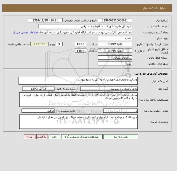 استعلام وسایل و لوازم فنی مورد نیار اداره کل به شرح پیوست