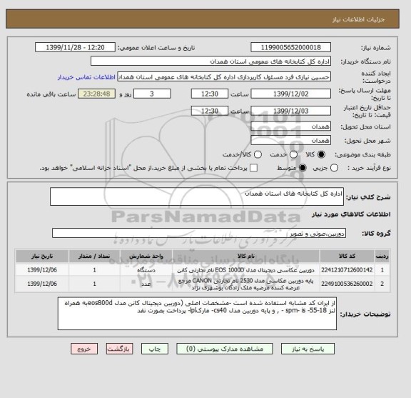 استعلام اداره کل کتابخانه های استان همدان 