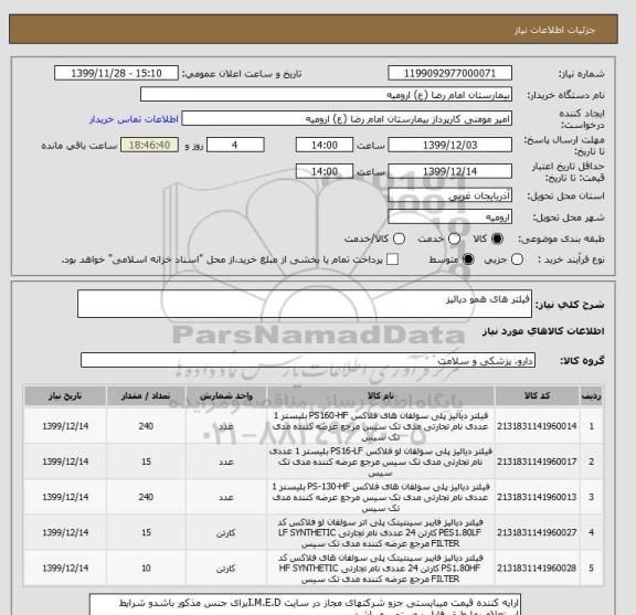 استعلام فیلتر های همو دیالیز 