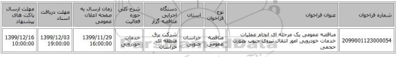 مناقصه عمومی یک مرحله ای انجام عملیات خدمات خودرویی امور انتقال نیروی جنوب بصورت حجمی