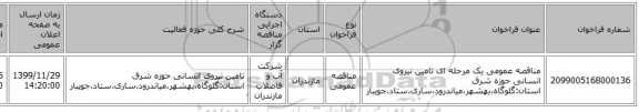 مناقصه عمومی یک مرحله ای تامین نیروی انسانی حوزه شرق استان:گلوگاه،بهشهر،میاندرود،ساری،ستاد،جویبار