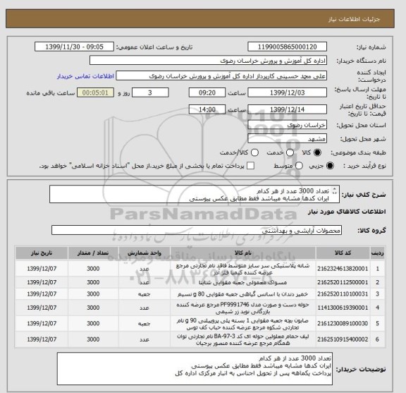 استعلام تعداد 3000 عدد از هر کدام
ایران کدها مشابه میباشد فقط مطابق عکس پیوستی
پرداخت یکماهه پس از تحویل اجناس به انبار مرکزی اداره کل