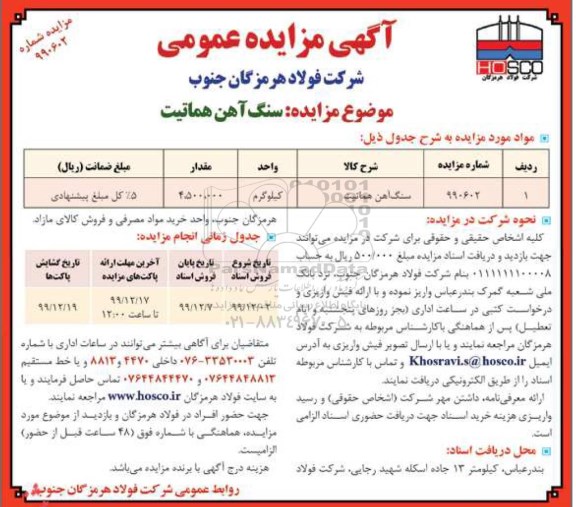 مزایده ، مزایده سنگ آهن هماتیت