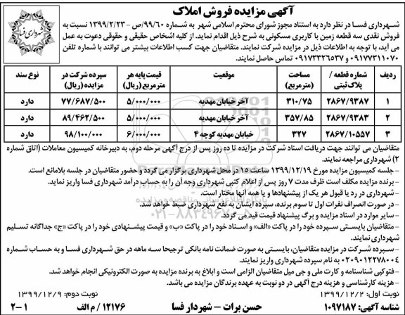 مزایده،مزایده فروش سه قطعه زمین با کاربری مسکونی 