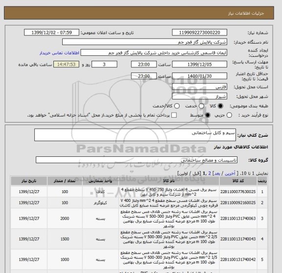 استعلام سیم و کابل ساختمانی