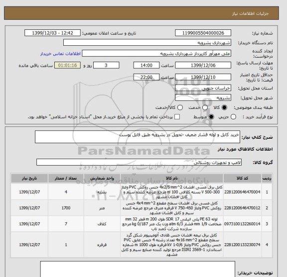 استعلام خرید کابل و لوله فشار ضعیف -تحویل در بشرویه طبق فایل پوست 