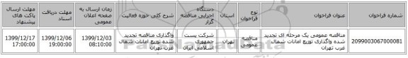 مناقصه عمومی یک مرحله ای تجدید شده واگذاری توزیع امانات شمال غرب تهران