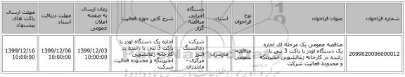 مناقصه عمومی یک مرحله ای اجاره یک دستگاه لودر با باکت 3 تنی با راننده در کارخانه زغالشویی انجیرتنگه  و محدوده فعالیت شرکت