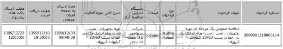 مناقصه عمومی یک مرحله ای تهیه تجهیزات ، نصب ، تست وراه اندازی یک بی خط در پست 20/63 کیلوولت فیروزان 