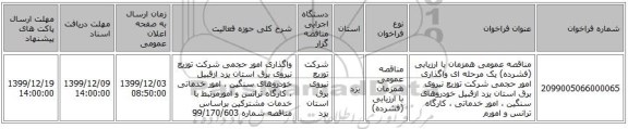 مناقصه عمومی همزمان با ارزیابی (فشرده) یک مرحله ای واگذاری امور حجمی شرکت توزیع نیروی برق استان یزد ازقبیل خودروهای سنگین ، امور خدماتی ، کارگاه ترانس و امورم