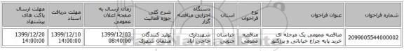 مناقصه عمومی یک مرحله ای خرید پایه چراغ خیابانی و پرژکتور