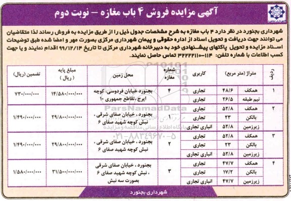 آگهی مزایده فروش 4 باب مغازه