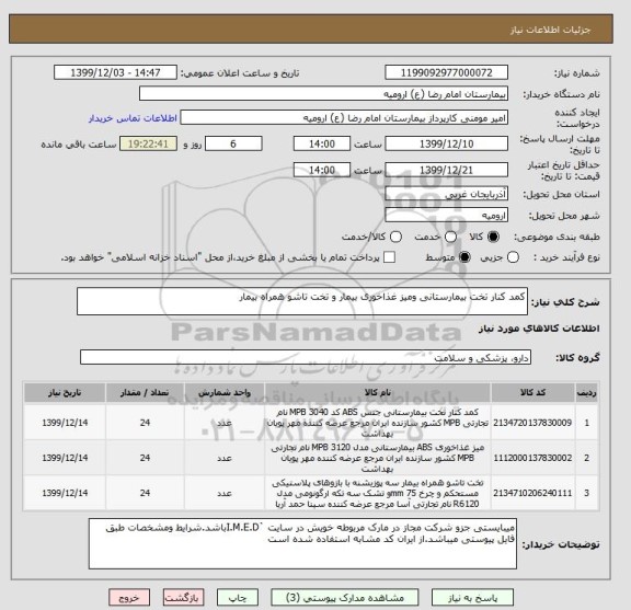 استعلام کمد کنار تخت بیمارستانی ومیز غذاخوری بیمار و تخت تاشو همراه بیمار