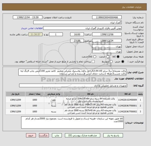 استعلام پاکت محرمانه در3 سایز A3-A4-A5داخل پاکت پلاستیک مشکی ضخیم  کاغذ تحریر 100گرمی چاپ 4رنگ لبه پاکت چسب2 طرفه 1سانت -دارای آدرس فرستنده و آرم این سازمان 