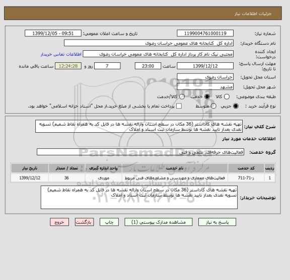 استعلام تهیه نقشه های کاداستر (36 مکان در سطح استان وارائه نقشه ها در فایل کد به همراه نقاط شمیم) تسویه نقدی بعداز تایید نقشه ها توسط سازمان ثبت اسناد و املاک