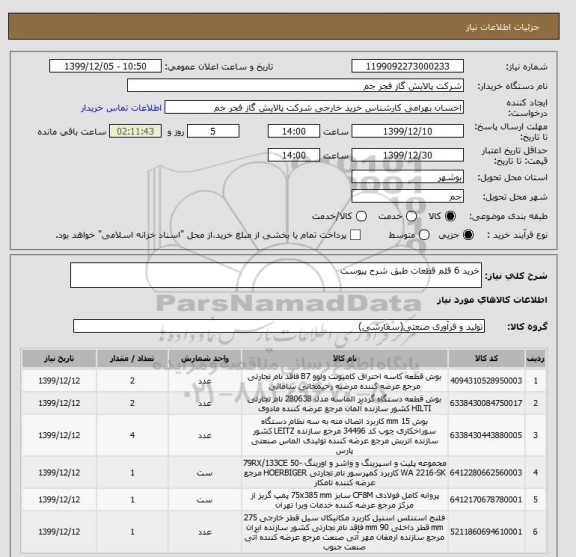 استعلام خرید 6 قلم قطعات طبق شرح پیوست 