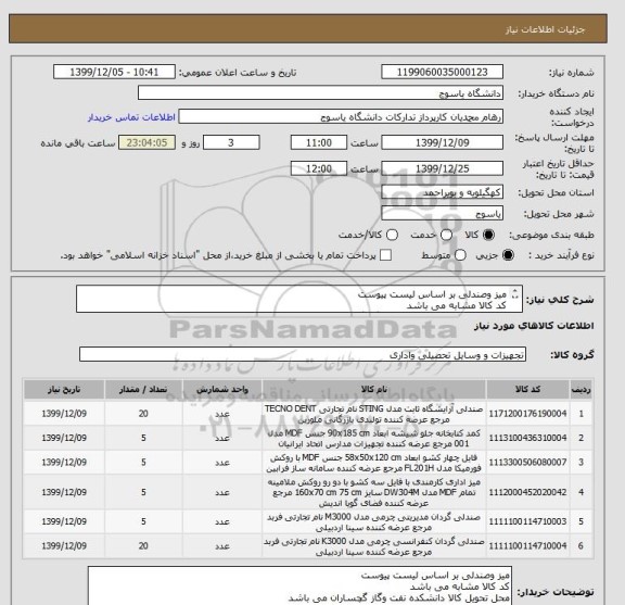 استعلام میز وصندلی بر اساس لیست پیوست 
کد کالا مشابه می باشد
محل تحویل کالا دانشکده نفت وگاز گچساران می باشد