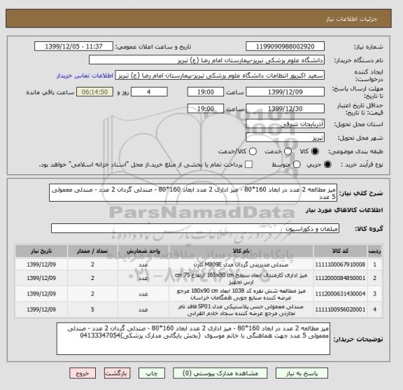 استعلام میز مطالعه 2 عدد در ابعاد 160*80 - میز اداری 2 عدد ابعاد 160*80 - صندلی گردان 2 عدد - صندلی معمولی 5 عدد 