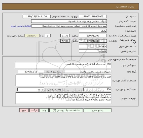 استعلام 250  بسته برگه A4 شرکت سروستان 80 گرمی