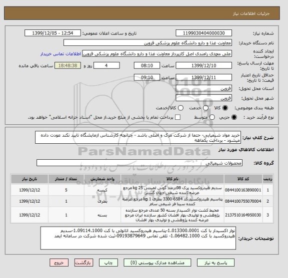 استعلام خرید مواد شیمیایی- حتما از شرکت مرک و اصلی باشد - چنانچه کارشناس ازمایشگاه تایید نکند عودت داده میشود - پرداخت یکماهه 