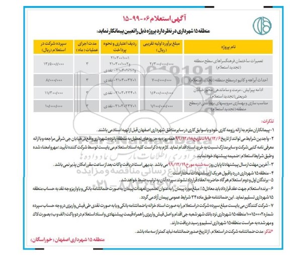 استعلام, استعلام تعمیرات ساختمان فرهنگسراها ...