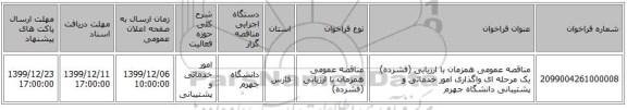 مناقصه عمومی همزمان با ارزیابی (فشرده) یک مرحله ای واگذاری امور خدماتی و پشتیبانی دانشگاه جهرم