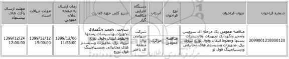 مناقصه عمومی یک مرحله ای سرویس وتعمیر ونگهداری تجهیزات وتاسیسات پستها وخطوط انتقال وفوق توزیع نیروی برق ،تجهیزات وسیستم های مخابراتی ودیسپاچینگ فوق تو