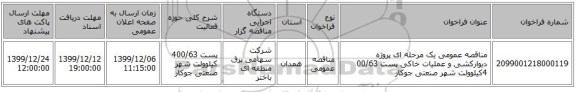 مناقصه عمومی یک مرحله ای پروژه دیوارکشی  و عملیات خاکی  پست 00/63 4کیلوولت شهر صنعتی جوکار