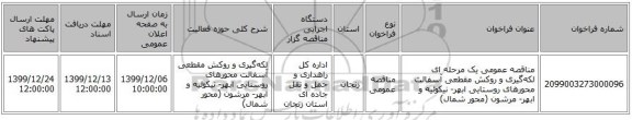 مناقصه عمومی یک مرحله ای لکه‌گیری و روکش مقطعی آسفالت محورهای روستایی ابهر- نیکوئیه و ابهر- مرشون (محور شمال)