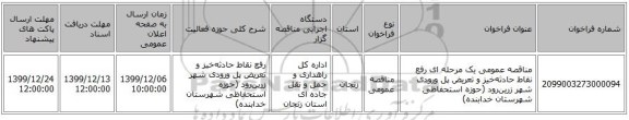 مناقصه عمومی یک مرحله ای رفع نقاط حادثه‌خیز و تعریض پل ورودی شهر زرین‌رود (حوزه استحفاظی شهرستان خدابنده)