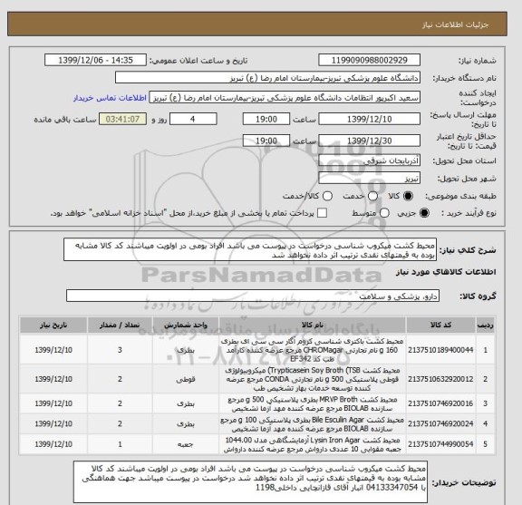 استعلام محیط کشت میکروب شناسی درخواست در پیوست می باشد افراد بومی در اولویت میباشند کد کالا مشابه بوده به قیمتهای نقدی ترتیب اثر داده نخواهد شد 