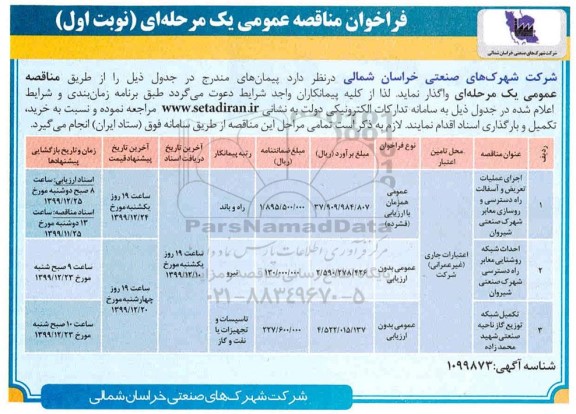 مناقصه عمومی, مناقصه اجرای عملیات تعریض و آسفالت راه دسترسی و روسازی معابر  و ...