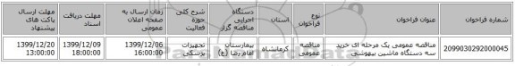 مناقصه عمومی یک مرحله ای خرید سه دستگاه ماشین بیهوشی