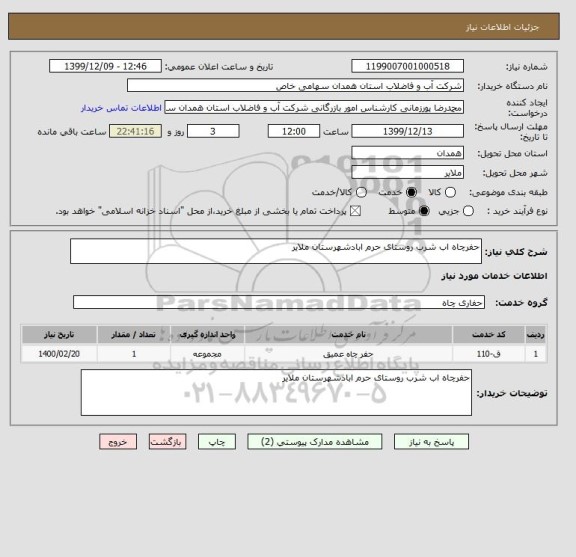 استعلام حفرچاه اب شرب روستای حرم ابادشهرستان ملایر