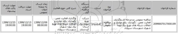 مناقصه عمومی دو مرحله ای واگذاری فعالیت تعمیر ، نگهداری ،رفع حوادث و اتفاقات شبکه های توزیع برق برون شهری شهرستان سروآباد