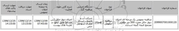 مناقصه عمومی یک مرحله ای اجرای دیوار حائل مخزن 500 متر مکعبی مجتمع النجه گنجه اسدآباد